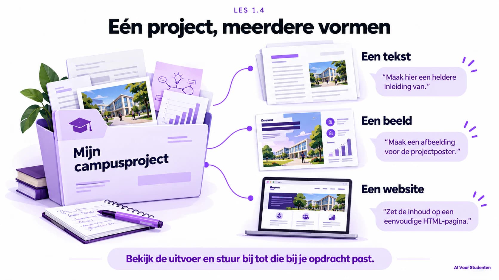 Van een studentenproject naar meerdere vormen van inhoud: tekst, beeld en een website. Je kunt je opdracht in hetzelfde gesprek verder uitwerken.