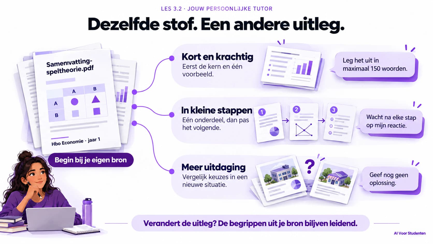 Begin bij je eigen bron en kies uitleg die past: kort en krachtig, in kleine stappen of met meer uitdaging. De begrippen uit je bron blijven leidend.