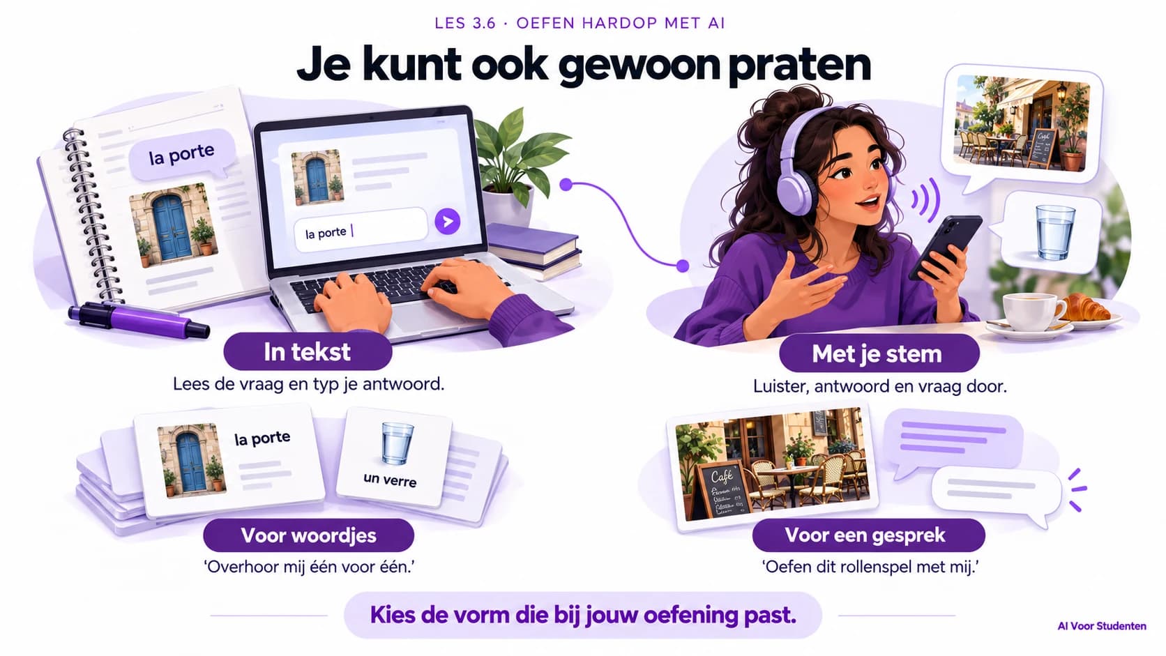 Kies typen of hardop praten om te oefenen. Laat je één voor één overhoren, oefen een rollenspel en vraag door als je iets niet begrijpt. Kies de vorm die bij jouw oefening past.