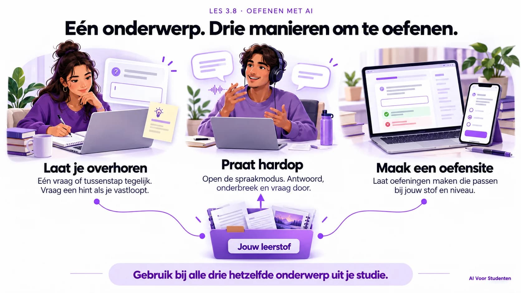 Gebruik je eigen leerstof om je te laten overhoren, hardop te oefenen en een passende oefensite te maken. Laat AI bij overhoren wachten op jouw antwoord, praat met voice en kies oefeningen die passen bij jouw materiaal en niveau.
