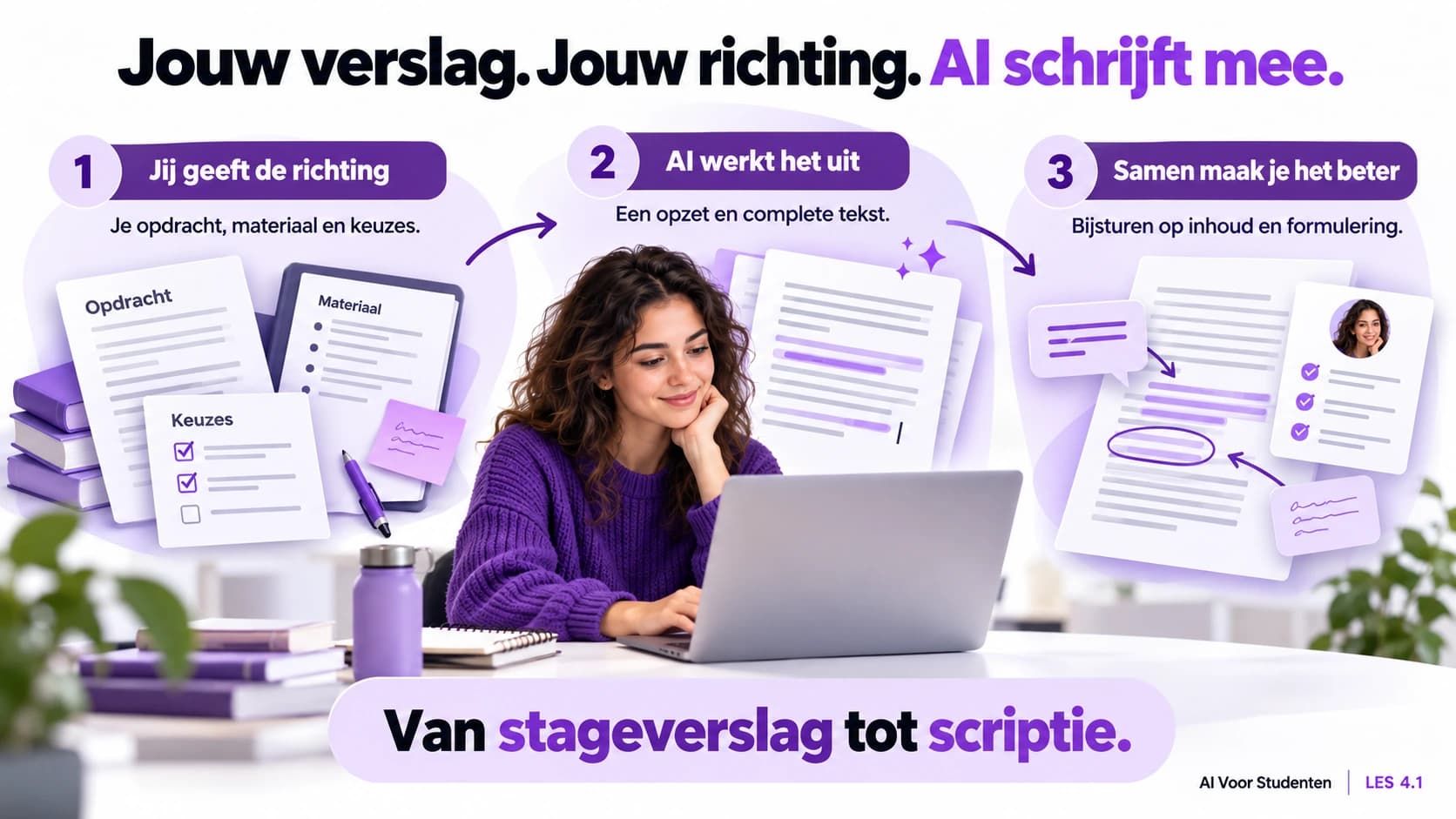 Drie stappen bij schrijven met AI: jij geeft richting met je opdracht, materiaal en keuzes; AI werkt een opzet en complete tekst uit; samen verbeter je inhoud en formulering. Van stageverslag tot scriptie.