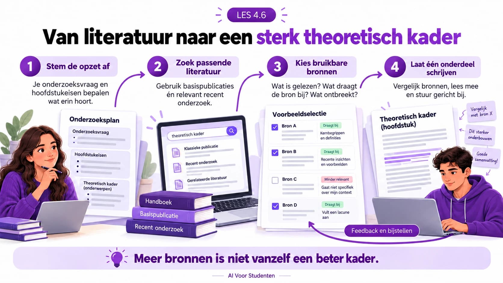 Stem de opzet af op je onderzoeksvraag en hoofdstukeisen, zoek passende literatuur, kies bruikbare bronnen en laat één onderdeel schrijven. Vergelijk bronnen, lees mee en stuur gericht bij. Meer bronnen is niet vanzelf een beter kader.