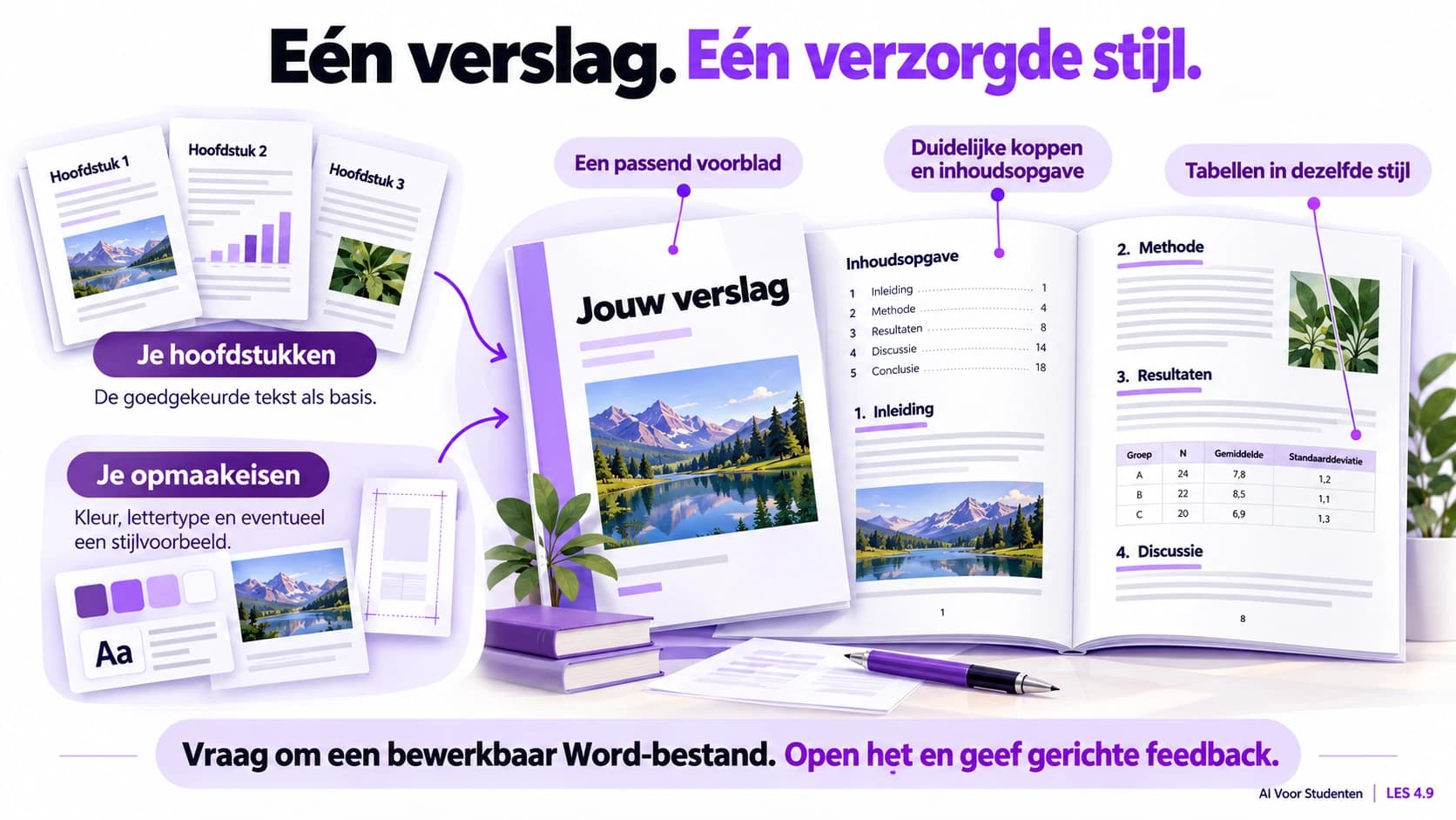 Gebruik je goedgekeurde hoofdstukken en opmaakeisen als basis voor een verslag met een passend voorblad, duidelijke koppen, een inhoudsopgave en tabellen in dezelfde stijl. Vraag om een bewerkbaar Word-bestand, open het en geef gerichte feedback.