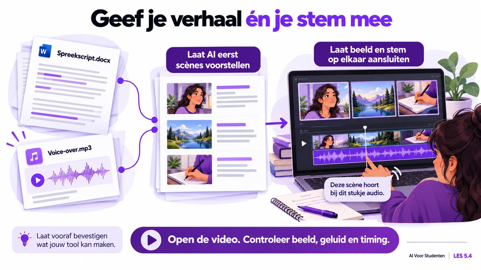 Combineer je script en bestaande gesproken audio in een animatievideo. Spreek eerst de scènes af en laat de beelden aansluiten op de voice-over. Controleer of je AI-omgeving de video kan maken en bekijk het echte resultaat op timing en leesbaarheid.