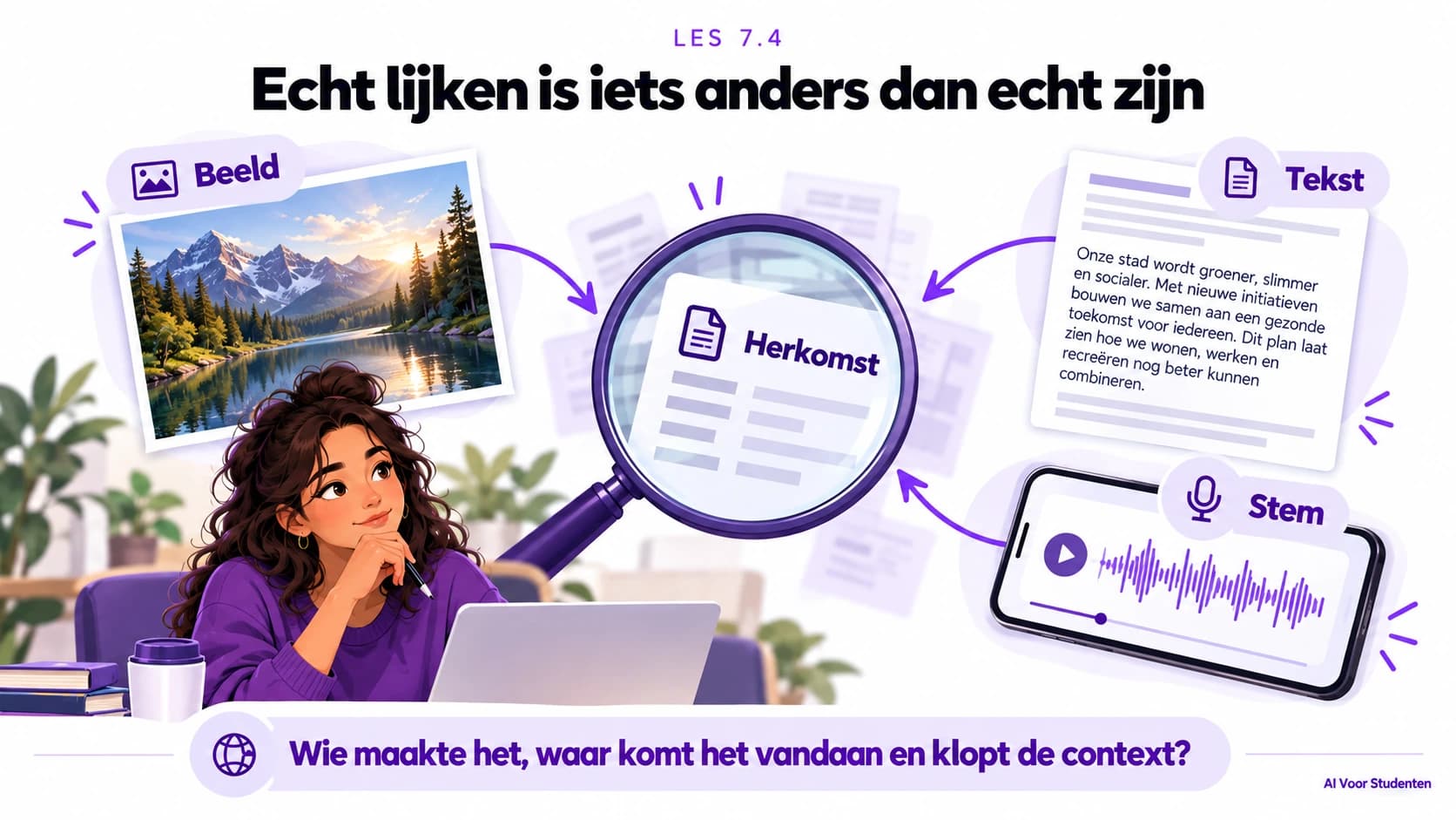 Beeld, tekst en een stem kunnen overtuigend overkomen. Onderzoek de herkomst: wie maakte het, waar komt het vandaan en klopt de context?