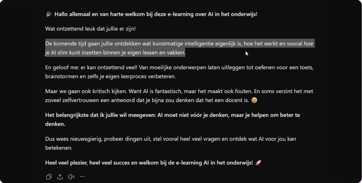 De door ChatGPT geschreven welkomsttekst uit de videodemonstratie
